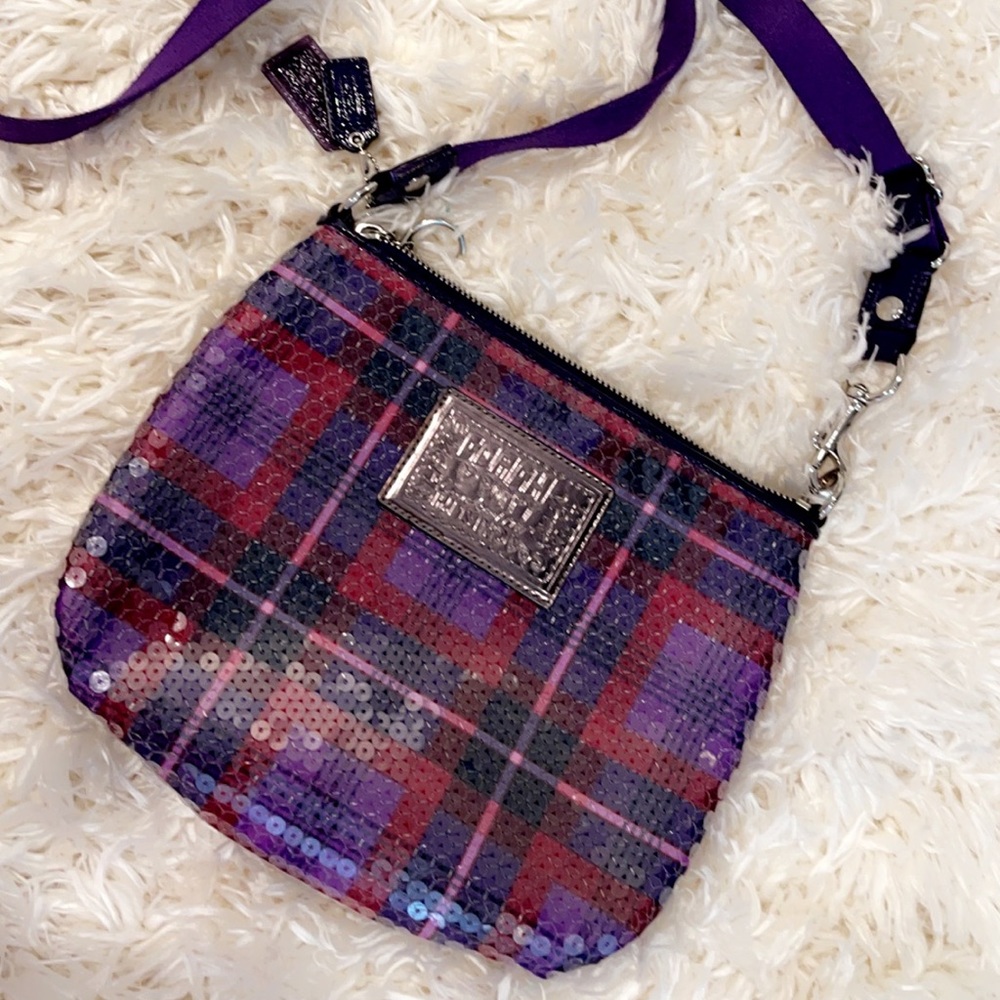 Coach purple plaid sequence shoulder purse